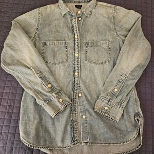 J.Crew Chambray Button Down Shirt Light Wash Distressed Size 6